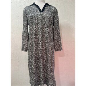 Lands End Black White Floral Long Sleeve Midi Shirt Dress Women’s Size Medium